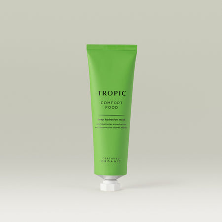 Tropic Comfort Food deep hydration mask. Wild Australian superberries and resurrection flower extract. Certified Organic. 
Green aluminium tube with white screw piercer cap.